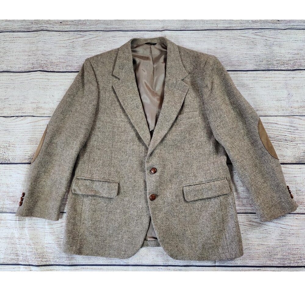Vintage‎ Adams Row 100% Wool Tweed Blazer Jacket 44R Union Made Academia Patches